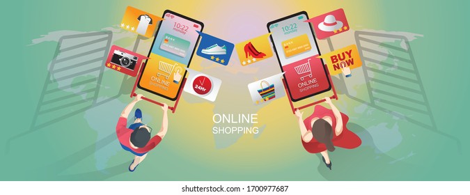 Online Shopping Concept, on Website or Mobile phone Application, Marketing, and Digital marketing. stay at home and using a smartphone, fast delivery. Vector for Design illustration 24-hour shopping