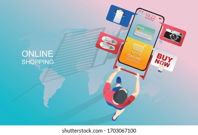 Online Shopping Concept, on Website or Mobile phone Application, Marketing, and Digital marketing. stay at home and using a smartphone, fast delivery. Vector for Design illustration 24-hour shopping