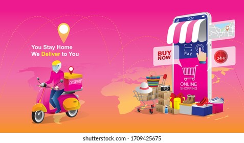 Online Shopping Concept, on Website or Mobile phone Application, Marketing, and Digital marketing. stay at home and using a smartphone, fast delivery. Vector for Design illustration 24-hours shopping