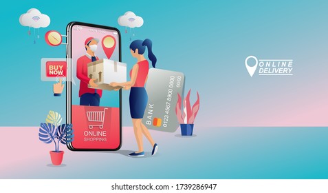 Online Shopping Concept, on Website or Mobile phone Application, Marketing, and Digital marketing. stay at home and using smartphones, fast delivery. Vector for Design illustration 24-hours shopping