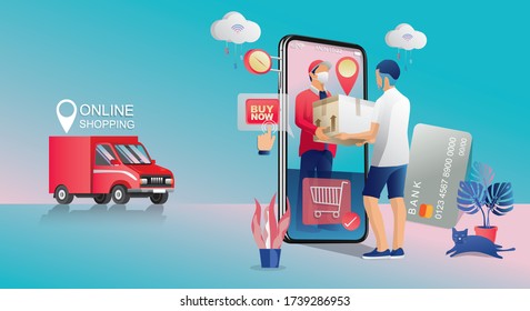Online Shopping Concept, on Website or Mobile phone Application, Marketing, and Digital marketing. stay at home and using smartphones, fast delivery. Vector for Design illustration 24-hours shopping