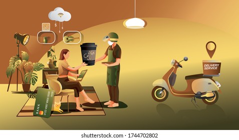 Online Shopping Concept, on Website or Mobile phone Application, Digital marketing. stay at home and using smartphones, food delivery. hot coffee, Vector for Design illustration 24-hours shopping