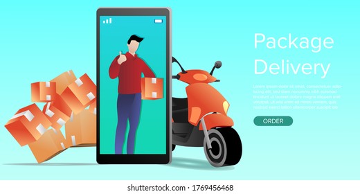 Concepto de compras en línea, en sitio web o aplicación de telefonía móvil, marketing y marketing digital. Quédate en casa y usa smartphone, entrega rápida. Ilustración vectorial de arte.