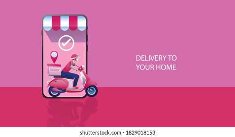 Online Shopping Concept, on Website or Mobile phone Application, Digital marketing. stay at home and using smartphones, food delivery. Vector for Design illustration 24-hours shopping