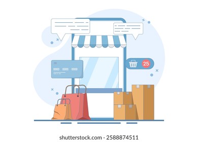 Online shopping concept on website or mobile app, marketing and digital marketing. Online shopping store on website. Digital store promotion, online payment, delivery, sales. Flat vector illustration.