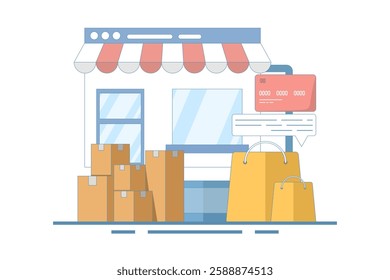 Online shopping concept on website or mobile app, marketing and digital marketing. Online shopping store on website. Digital store promotion, online payment, delivery, sales. Flat vector illustration.