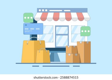 Online shopping concept on website or mobile app, marketing and digital marketing. Online shopping store on website. Digital store promotion, online payment, delivery, sales. Flat vector illustration.