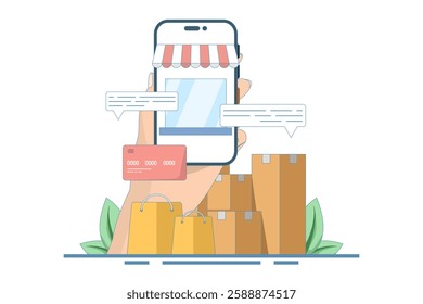 Online shopping concept on website or mobile app, marketing and digital marketing. Online shopping store on website. Digital store promotion, online payment, delivery, sales. Flat vector illustration.