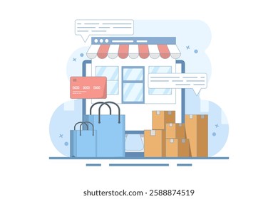 Online shopping concept on website or mobile app, marketing and digital marketing. Online shopping store on website. Digital store promotion, online payment, delivery, sales. Flat vector illustration.