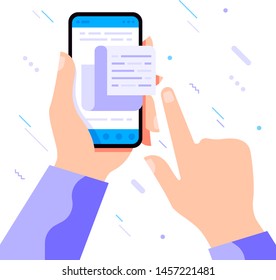 Online shopping concept on white background. Hand holding phone with cashier's check. Vector flat cartoon illustration for web sites and banners design.