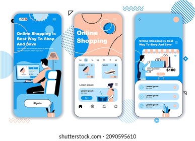 Online shopping concept onboarding screens for mobile app templates. Buyers choose products and pay for purchases. UI, UX, GUI user interface kit with people scenes for web design. Vector illustration