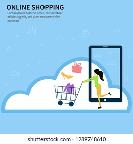 Online shopping concept. One stop e-Commerce or e-Marketplace system for store. We can choose products, read reviews, payment via card and analyst selling statistic big data on mobile.