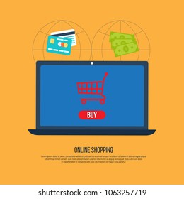 Online shopping concept with open laptop. Vector illustration