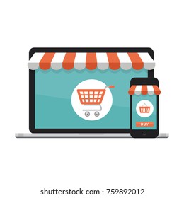Online shopping concept. Open laptop with screen buy.  Flat style, vector illustration.