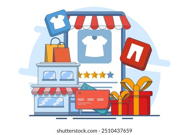 Online shopping concept, Online ordering, e-commerce website, Digital or virtual market, buying clothes from online clothing store, E-commerce concept, digital payment and online store. Illustration.