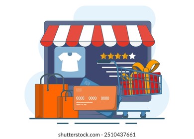 Online shopping concept, Online ordering, e-commerce website, Digital or virtual market, buying clothes from online clothing store, E-commerce concept, digital payment and online store. Illustration.