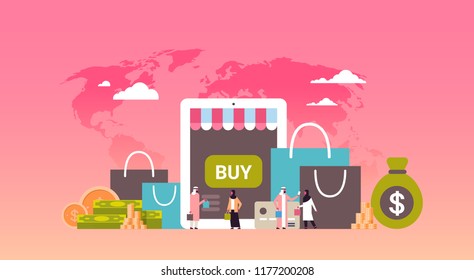 online shopping concept over paper packages money dollar arabic people stay together world map background flat banner vector illustration