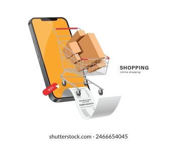 online shopping concept ,Parcel boxes or cardboard boxes stacked on top of each other in shopping cart come out of smartphone with receipt or invoice after customer confirm  order on red buy button