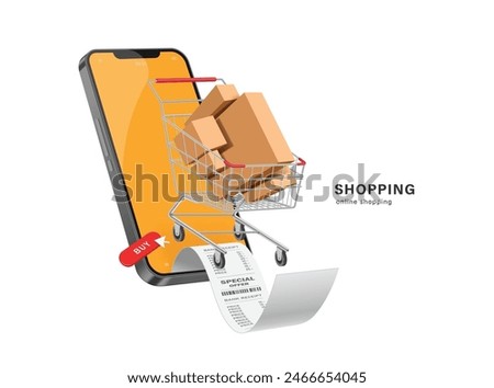 online shopping concept ,Parcel boxes or cardboard boxes stacked on top of each other in shopping cart come out of smartphone with receipt or invoice after customer confirm  order on red buy button