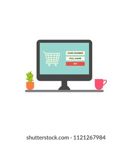 Online shopping concept - payment page with cart and pay button on computer screen isolated on white background. PC with website of online shop in flat vector illustration.