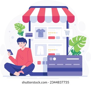 Concepto de compras en línea. Pago en línea utilizando el concepto de aplicación. Compras por Internet con tarjeta de crédito bancaria. Concepto de compras en línea de estilo plano. Joven sentado en el suelo con un smartphone y