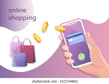 Online shopping concept, online payments with credit card. Hand holds smartphone. Flat banner