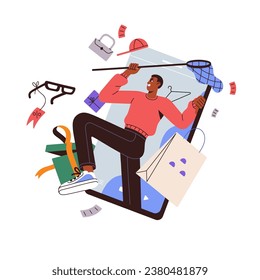 Online shopping concept. People buy goods in marketplace app, digital store. Man purchases by smartphone. Customer catches discounts in net. Internet sales flat isolated vector illustration on white