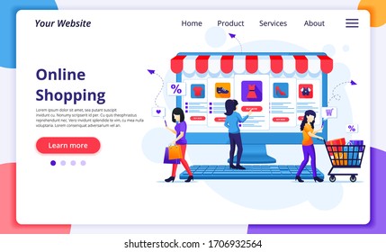 Online shopping concept, People buying products in the online store. Modern flat web page design template for website and mobile development. Vector illustration