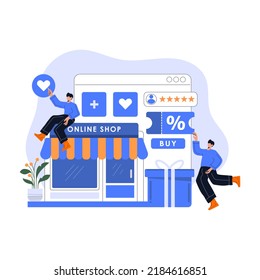 Online shopping concept, People buying products in the online store. Modern flat web page design template for website and mobile development. Vector illustration