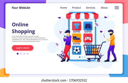 Online shopping concept, people with shopping cart buying products in the mobile application store. Modern flat web page design template for website and mobile development. Vector illustration