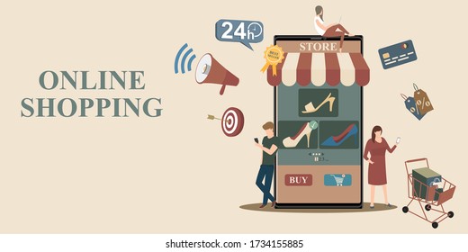 Online shopping concept. People shopping on their mobile phones. People are shopping near big store smart phone. Flat style vector illustration