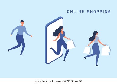 Online shopping concept, people use mobile ordering shopping and holding shopping bags vector illustration. Online shopping , digital payment, delivery technology business concept background
