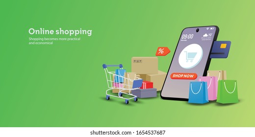 Online shopping concept. Perfect for landing page, shopping website, banner, background, application, poster, on mobile. Horizontal view