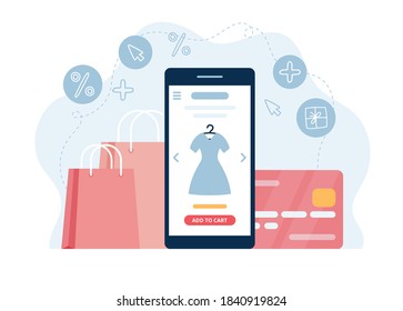 Online shopping concept with phone screen, shopping bags and credit card. Vector illustration template