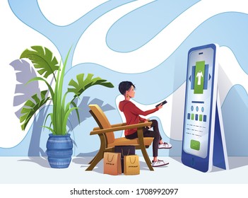 Online shopping concept and product selection concept.Young woman shopping online using smartphone. Cartoon style , vector illustration.