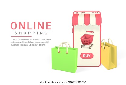 Online shopping concept. Realistic 3d mobilephone with red shopping cart on screen and shopping bags. Online store. Vector illustration.