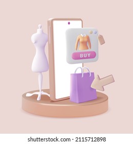 Online shopping concept. Realistic 3d vector illustration. Fashion on internet, Design element for web or banner design. Virtual clothing and fashion in metaverse - Shutterstock ID 2115712898