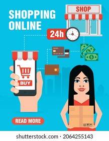 Online shopping. Concept sale flat design with girl. vector illustration