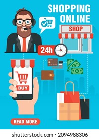 Online shopping. Concept sale flat design with sales Manager consultation. Vector illustration