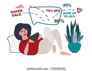 Online shopping concept. Sale offer. Woman doing shopping from home. Stay Home motivational. Vector illustration in flat style