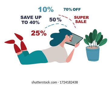Online shopping concept. Sale offer. Woman doing shopping from home. Stay Home motivational. Vector illustration in flat style