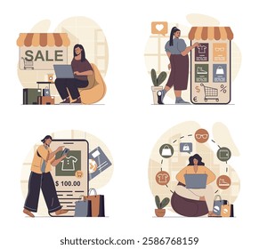 Online shopping concept scenes set in flat web design. People in situations of choosing new products at internet stores at sales, ordering and paying purchases in mobile app. Vector illustrations.