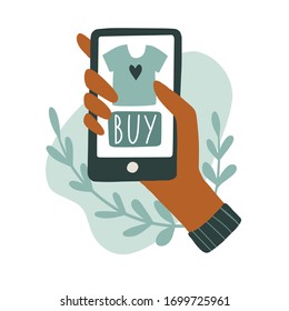 Online shopping concept. Screen with t-shirt and buy button. Hand with mobile phone. Cute hand drawn flat vector illustration. Internet shopping via application of smartphone. Digital marketing