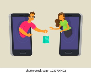 Online shopping concept. The seller in the phone sells the goods to the buyer. Purchase through the app on your mobile device. Vector illustration in flat style.