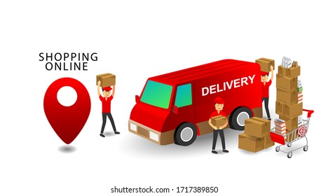 Online shopping concept, Services Team Delivery Workers, Products on Cart with isolated white background