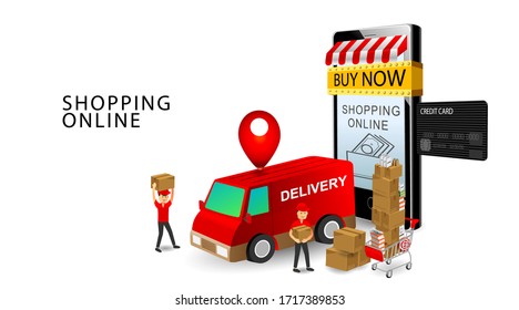 Online shopping concept, Services Team Delivery Workers, Smartphone and credit card, Products on Cart with isolated white background