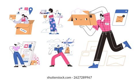 Online shopping concept. Set of buying and delivery of orders. Storage worker picking parcels and sends it, courier delivers boxes to customers. Flat isolated outline vector illustrations on white