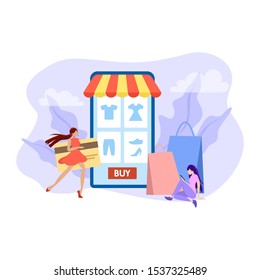 Online shopping concept set. E-commerce, customer on the sale. App on mobile phone. Isolated vector illustration in flat style