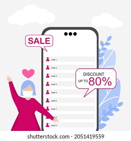Online shopping concept set. E-commerce, customer on the sale. App on mobile phone vector in flat style.order run to discount price.lady welcome to shopping.appreciate with discount price.