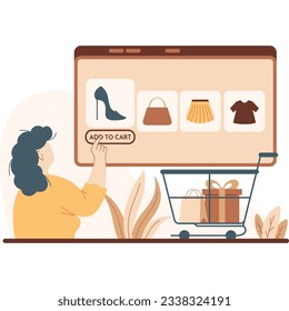 Juego de conceptos de compras en línea. Comercio electrónico, cliente en venta. Aplicación en teléfono móvil y computadora. Ilustración vectorial aislada en estilo plano